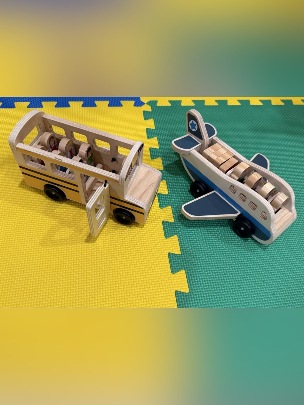 Melissa & Doug Yellow School Bus and Blue Airplane Wooden Vehicle Set